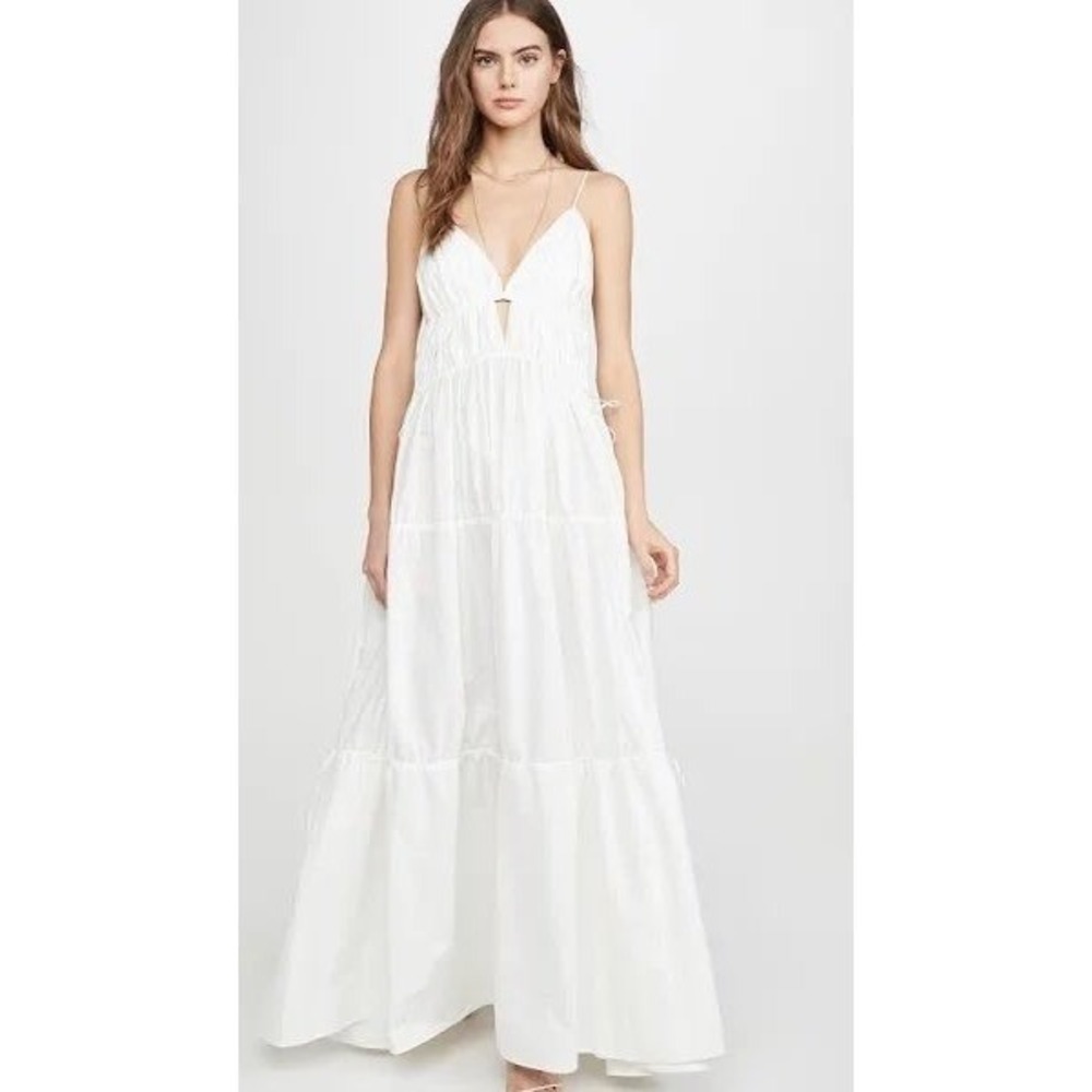 Jonathan Simkhai April Solid Cotton Dress White Maxi Cut Out Tiered JS-1005-D S